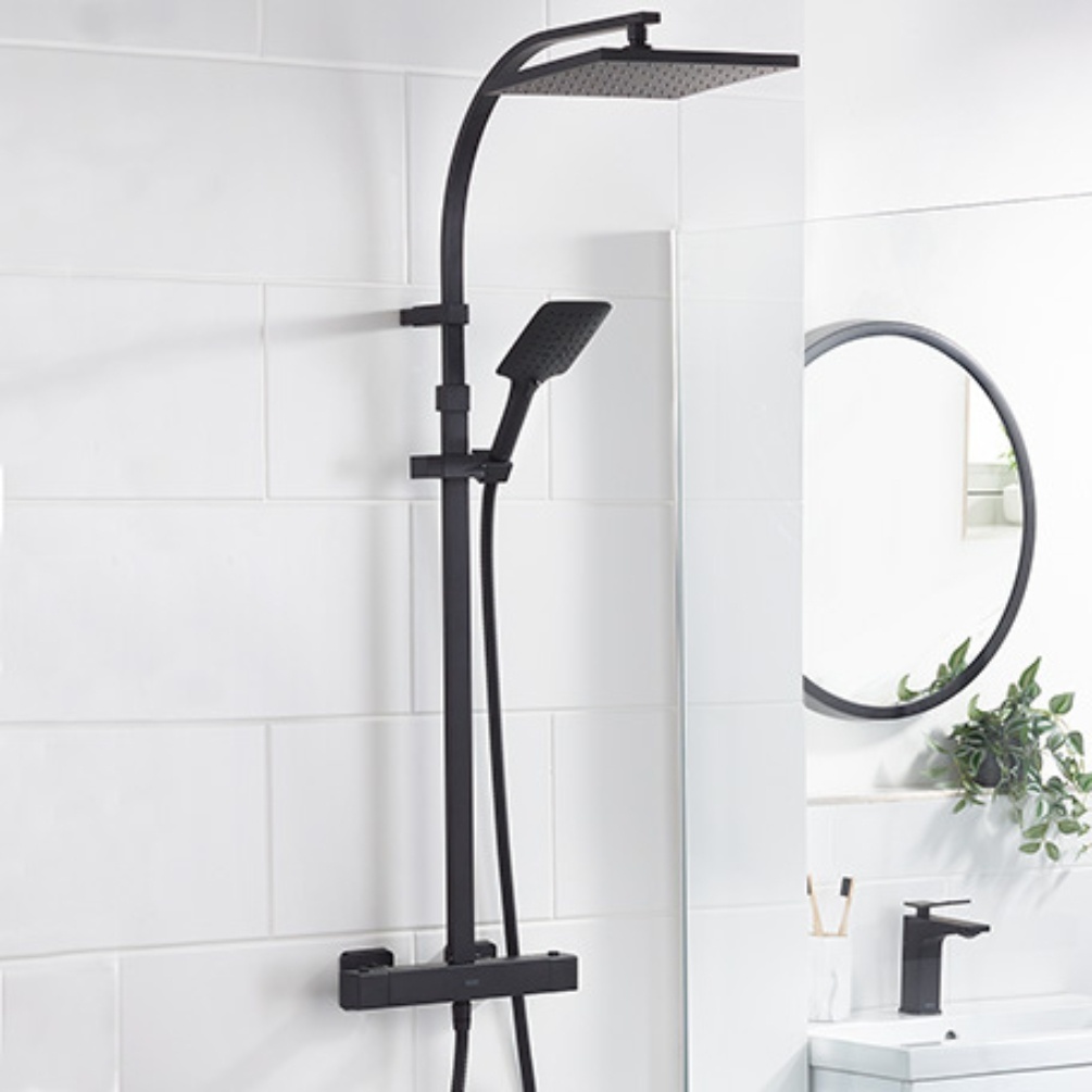 Lifestyle image of the Bristan Qubo Black Thermostatic Shower Column
